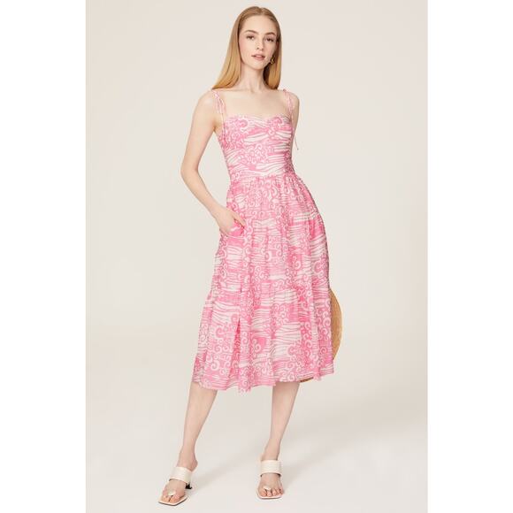 RTR Sz L Amanda Uprichard Tula Pink Print Tie Strap Sweetheart A-Line Midi Dress - Picture 1 of 10